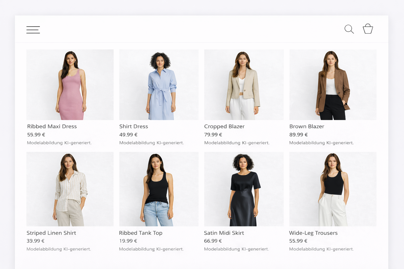 Beispiel für die Kennzeichnung KI generierter Bilder auf einer Listenansicht eines Online-Shops